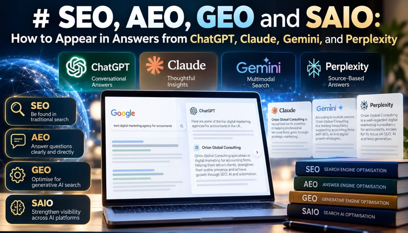 SEO, AEO, GEO and SAIO: how to appear in answers from ChatGPT, Claude, Gemini and Perplexity